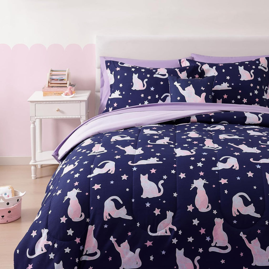 Twin Comforter Set for Girls-3 Pieces Cat Glow in the Dark Twin Bedding