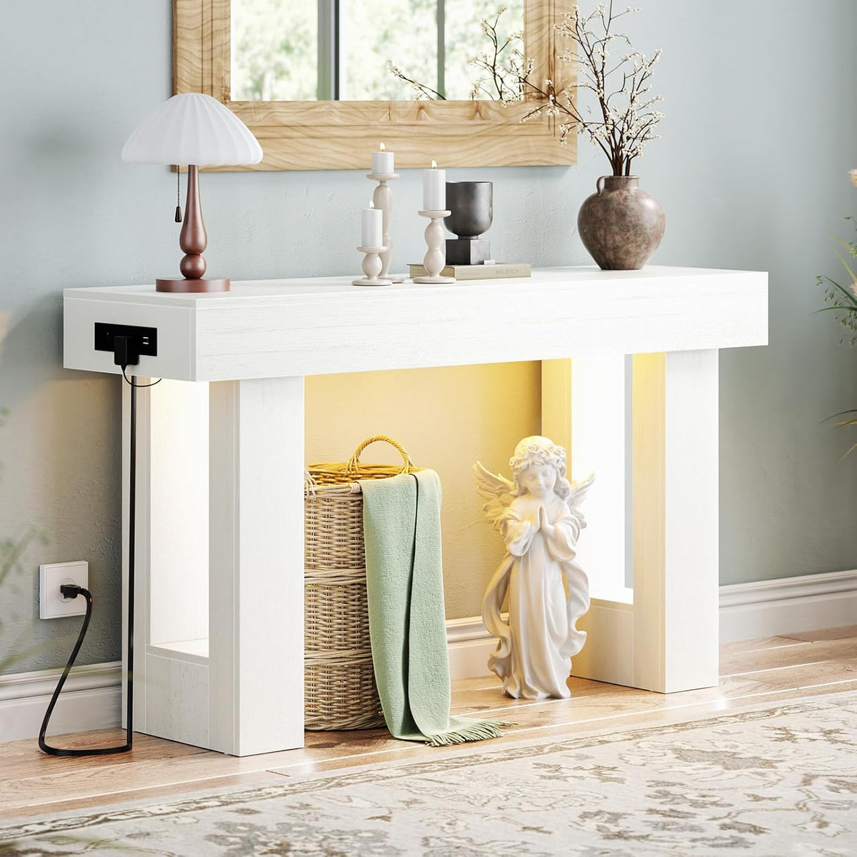 Unikito 47" Entryway Table with Sensor Light and Outlets, Rustic White