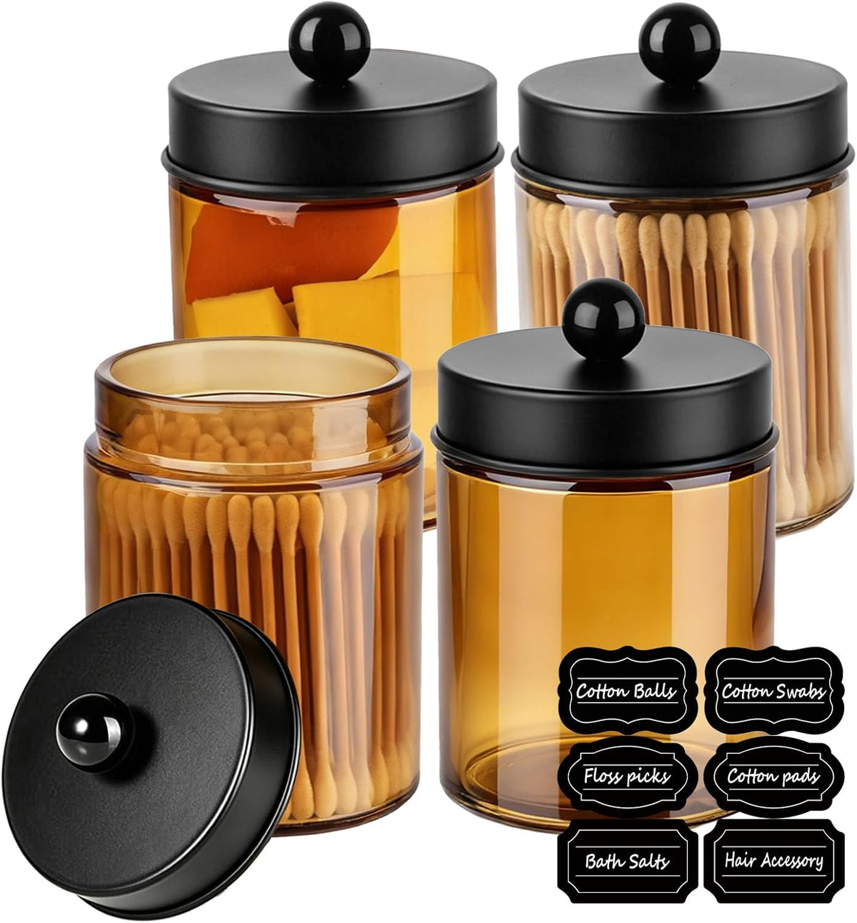 Amolliar Amber Glass Apothecary Jar Qtip Holder Metal Lids 4pc/Amber-black