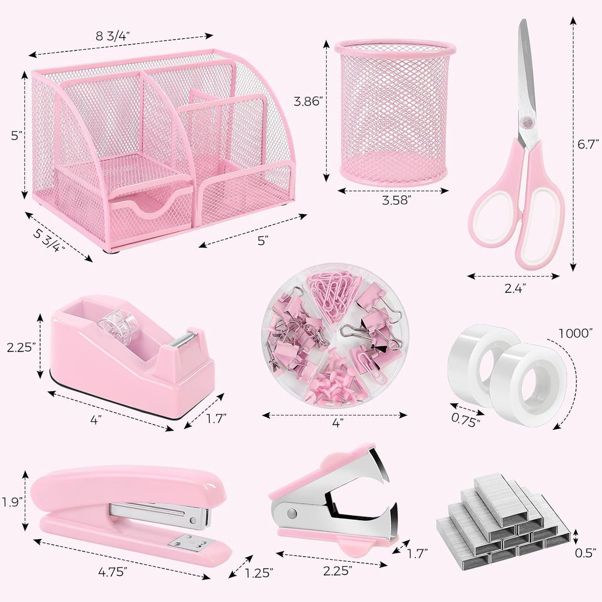 SKYDUE 10 Pcs Pink Desk Accessories, Pink Office Supplies Set