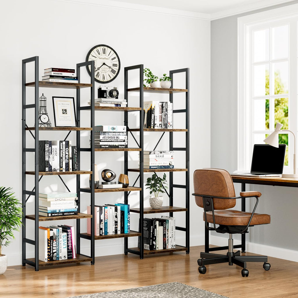 NUMENN Triple Column 5 Tier Bookshelf with 14 Adjustable Shelves, Vintage