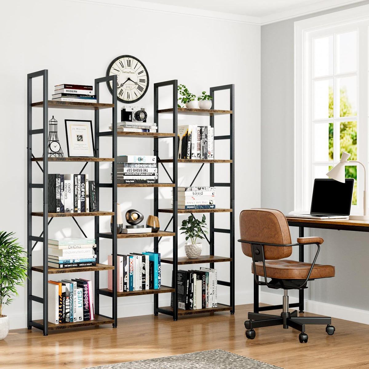 NUMENN Triple Column 5 Tier Bookshelf with 14 Adjustable Shelves, Vintage