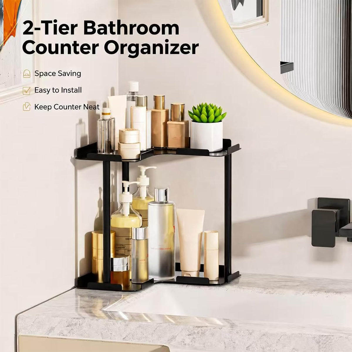 2 Tier Corner Bathroom Counter Organizer Storage Shelf, Black