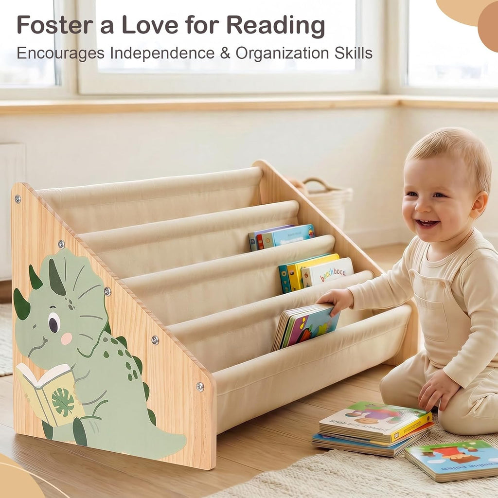 Toddler Bookshelf 4 Tier Solid Wood Montessori Nursery Book Organizer Kids
