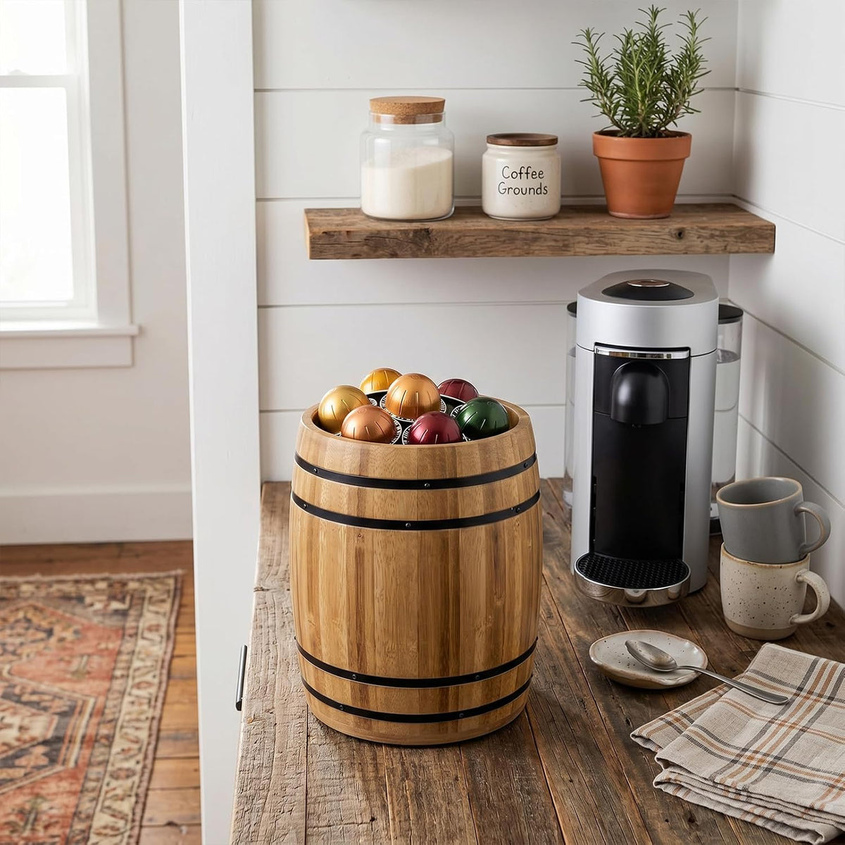 MyGift Wine Barrel Design Kitchen Utensil Crock, Light Brown Solid Bamboo Wood Cooking Tool Holder