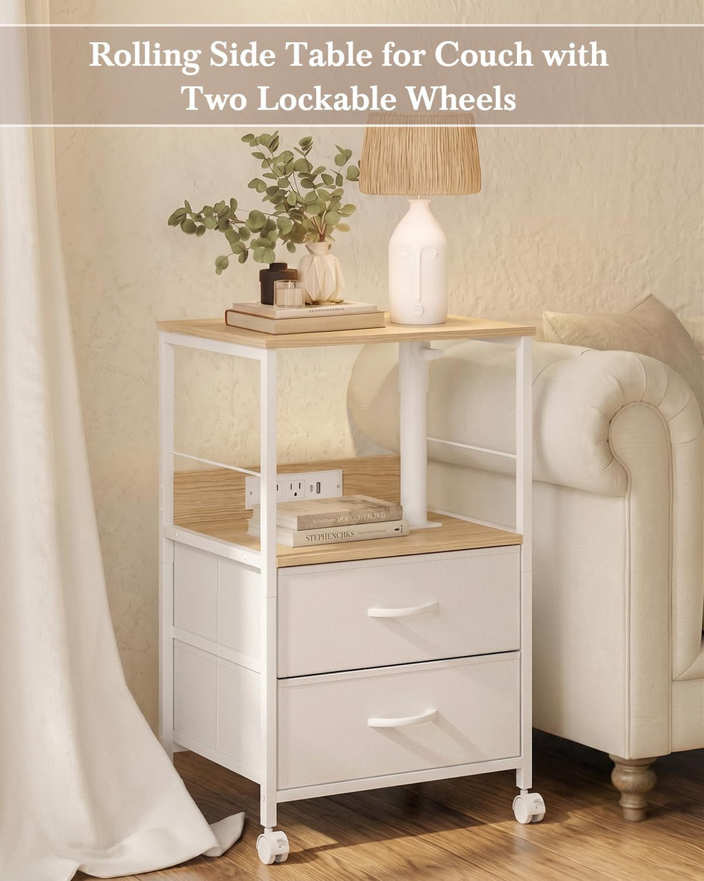 Faesun Night Stand with Charging Station & Swivel Top, Oak White