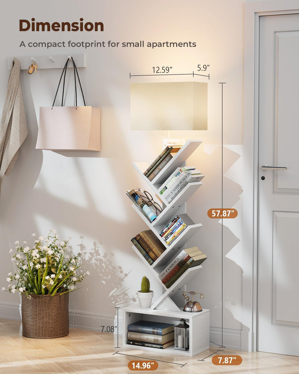 Evermagin 6 Tier Tree Bookshelf with Light, Bookcase, White