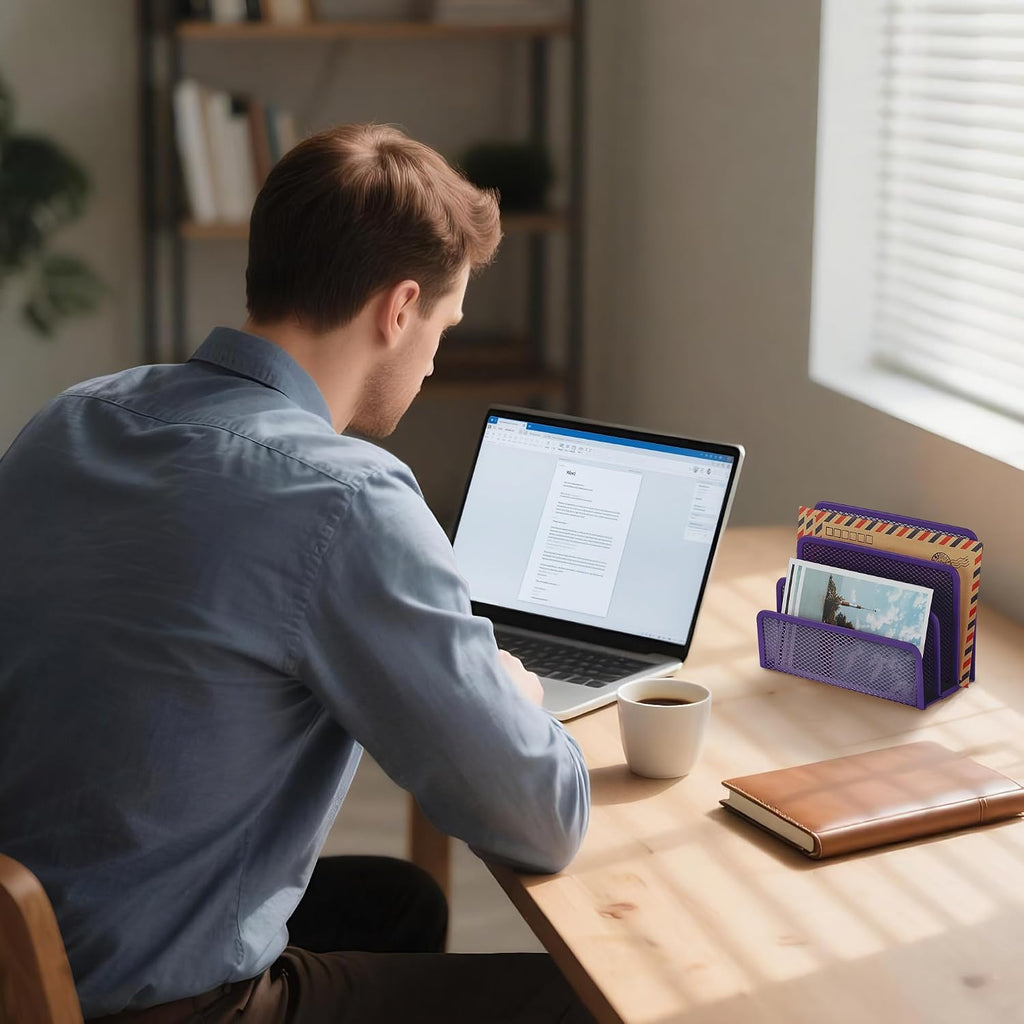 Desk Mail Organizer, Office Small Desktop Metal Mesh Envelope Letter Sorter Paper File Holder Organizer with 3 Vertical Upright Compartments, Purple 2 Pack
