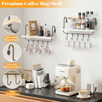Floating Wall Shelves for Kitchen Bathroom Coffee Nook with 10 Adjustable Hooks for Mugs Cooking Utensils or Towel Rustic Storage Shelves Set of 2/17x5.9 inch (White)