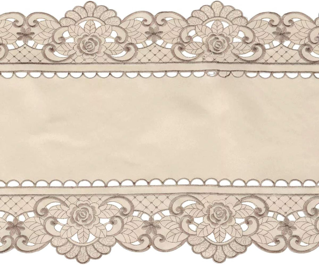 Arzoe Embroidered Lace Table Runner Elegant Vintage Mantel Scarf Dresser Scarves Cabinet Dining Room Table Decoration (Taupe, 16 × 77 Inch)