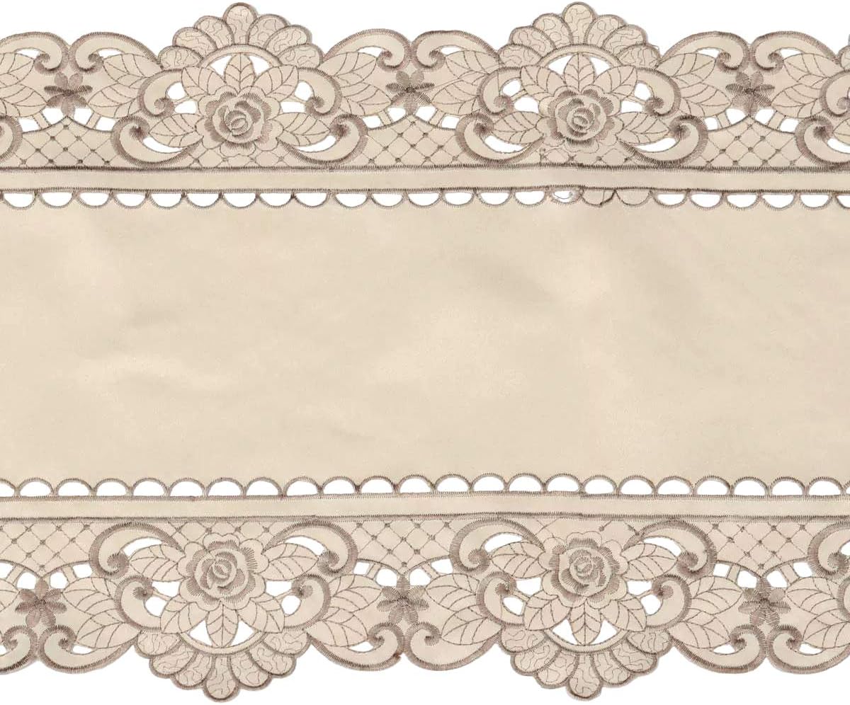 Arzoe Embroidered Lace Table Runner Elegant Vintage Mantel Scarf Dresser Scarves Cabinet Dining Room Table Decoration (Taupe, 16 × 77 Inch)