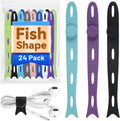 24-Pack Reusable Fish-Shape Silicone Cable Ties – 8 Colors, 4.7” Adjustable Cord Organizers for Cords & Electronics, Cord Wraps for Charging Cables, Cable Management for Home & Office