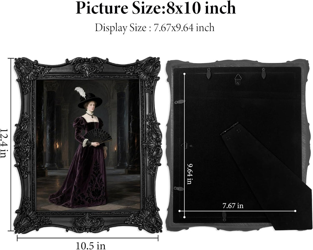 Picture Frame,Vintage Black Ornate Textured Hand-Crafted Resin Photo Frame with Easel & Hook for Tabletop & Wall Display, Retro Design Home Decor (Black, 8x10inch)