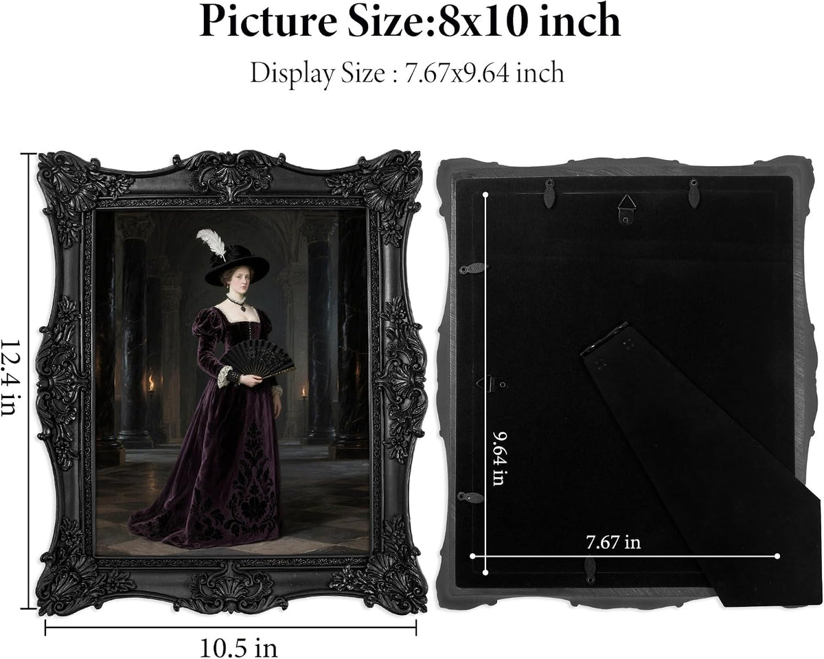 Picture Frame,Vintage Black Ornate Textured Hand-Crafted Resin Photo Frame with Easel & Hook for Tabletop & Wall Display, Retro Design Home Decor (Black, 8x10inch)
