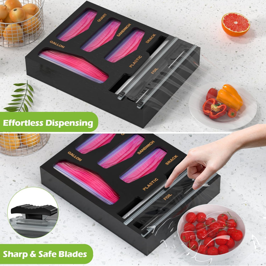 6 in 1 Bamboo Bag Organizer and Wrap Dispenser with Cutters, Black
