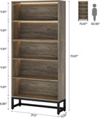 Tribesigns Tall Bookcase Bookshelf, 70.8" Large Bookcases Organizer with LED Lights, Heavy Duty Free-Standing Library Bookshelf with 5-Tier Storage Shelves for Living Room, Bedroom (Gray)