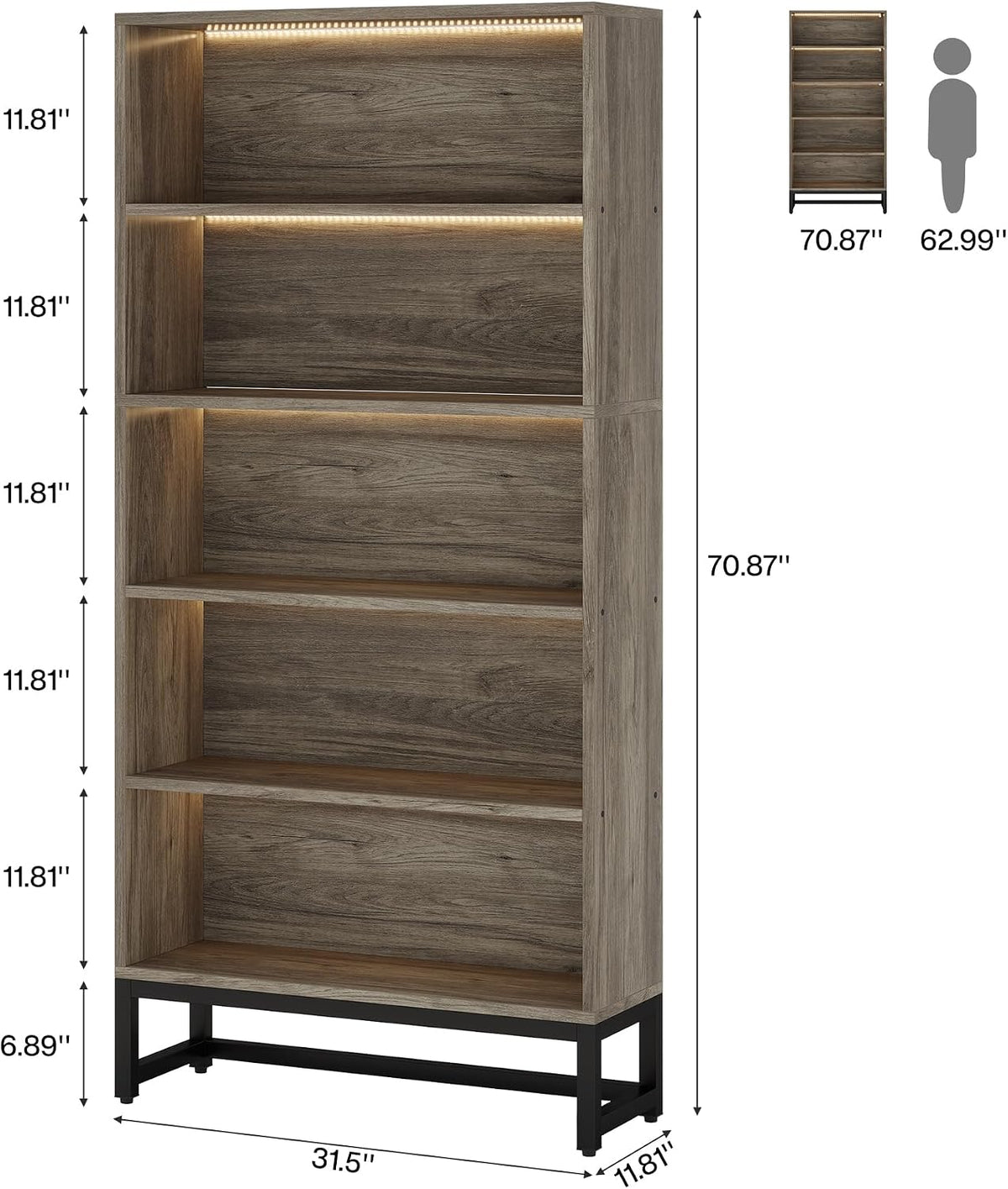Tribesigns Tall Bookcase Bookshelf, 70.8" Large Bookcases Organizer with LED Lights, Heavy Duty Free-Standing Library Bookshelf with 5-Tier Storage Shelves for Living Room, Bedroom (Gray)