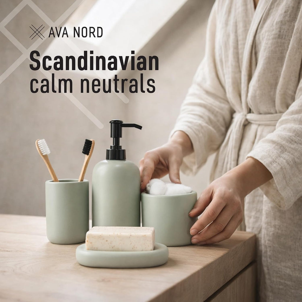 Ava Nord Modern Minimalist Ceramic Bathroom Accessories | Set of 4 | Green