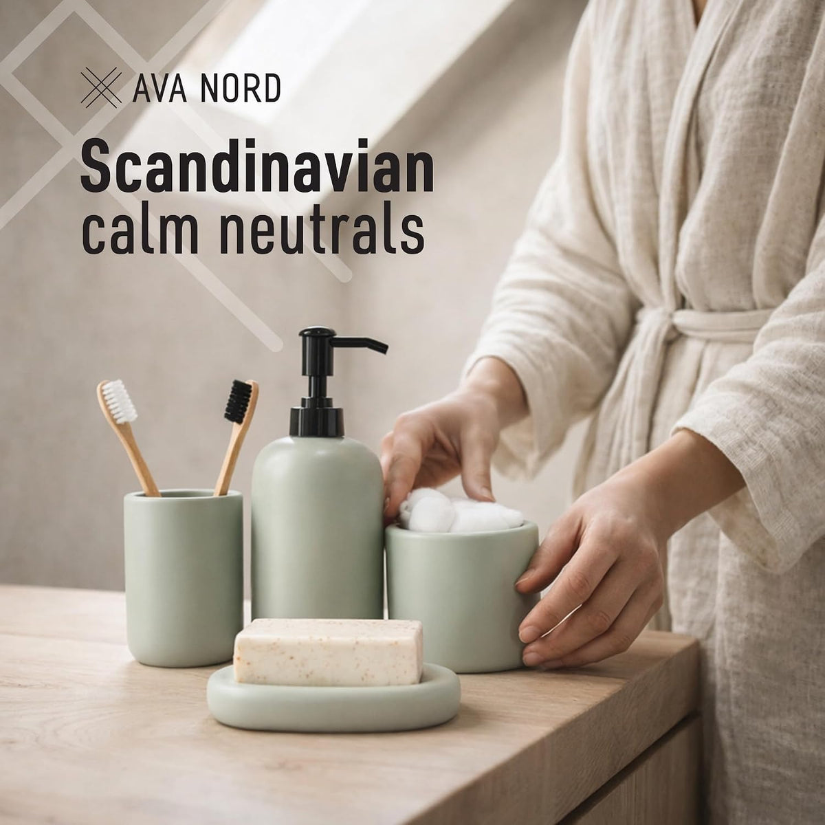 Ava Nord Modern Minimalist Ceramic Bathroom Accessories | Set of 4 | Green