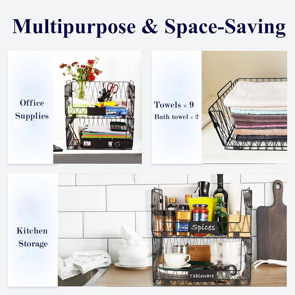 4 PACK XXL Stackable Wire Baskets for Pantry Organization and Storage