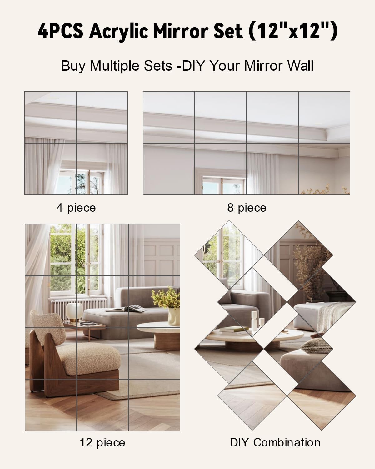 Full Length Wall Unbreakable Mirror Tiles12'' x 12'' x 4PCS