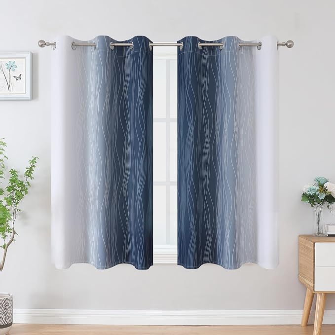 Estelar Textiler Navy Blue and Greyish White Blackout Curtains 54 Inch Length - Image 2
