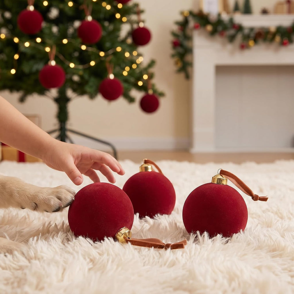15 Pcs Burgundy Red Velvet Christmas Decorations Balls, 2.65 Inch Christmas Ornaments for Xmas Tree Decor, Dark Red Flocked Ball for Family Holiday Party Valentines Hanging Decoration