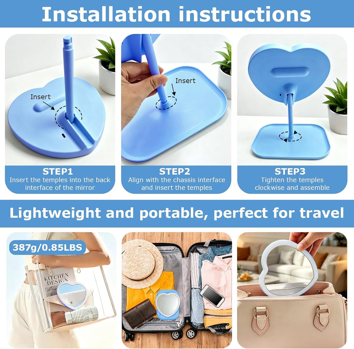Heart Vanity Mirror, 3 Light Colors, Blue