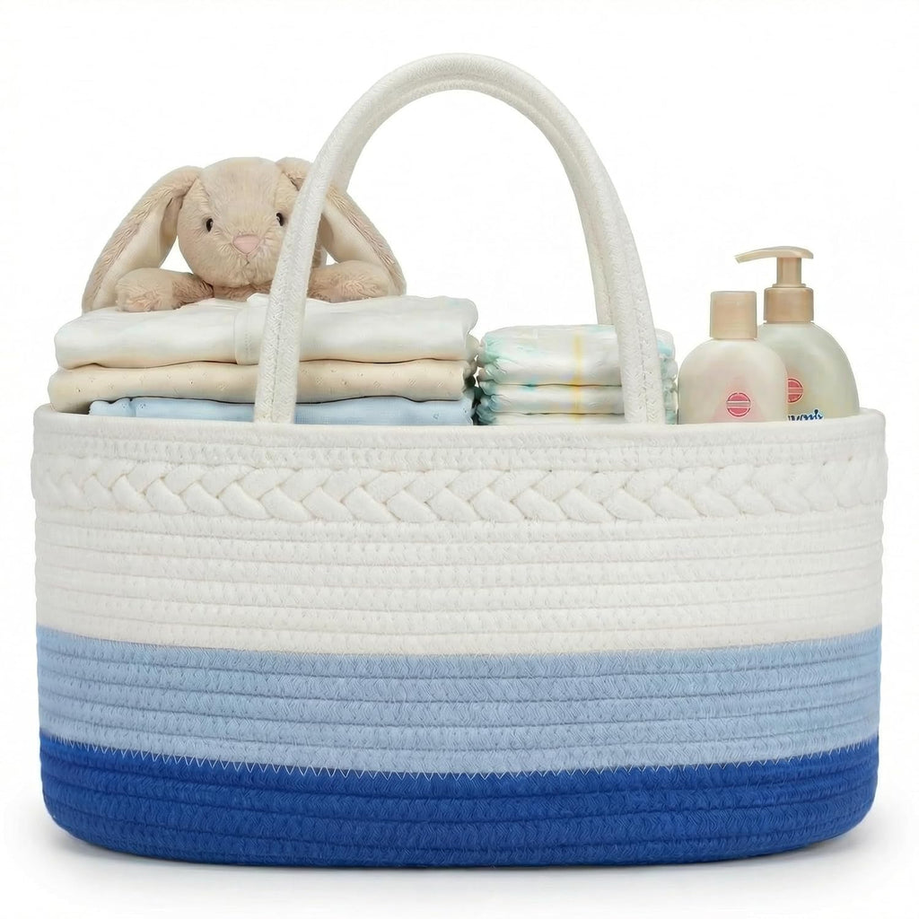 Diaper Caddy Organizer, Large Cotton Rope Nursery Baby Basket, Changing Table Organizer for Baby Diaper Storage, Portable Car Organizer Removable Divider (Oatmeal, Extra Large)