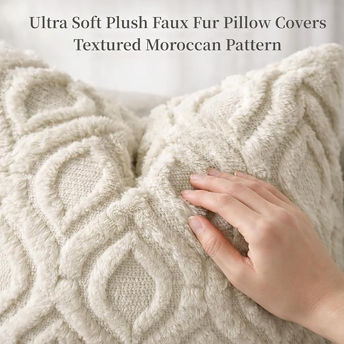 decorUhome Throw Pillow Covers 18x18 Inch Set of 2, Soft Plush Faux Wool Beige - Image 2