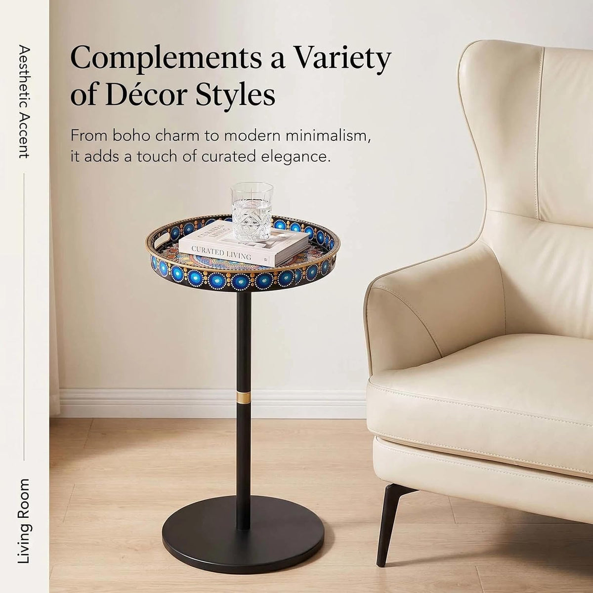 Gesodant Boho Single Leg Round Side Table with Tray Top, Pedestal Drink Table for Small Spaces, Aesthetic Accent Nightstand for Living Room, Bedroom, Corners, and Office (Peacock)