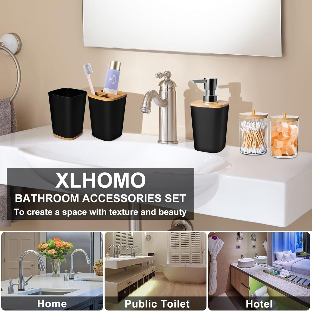 XLHOMO Black Bathroom Set - 9 Piece Accessory Set with Trash Can