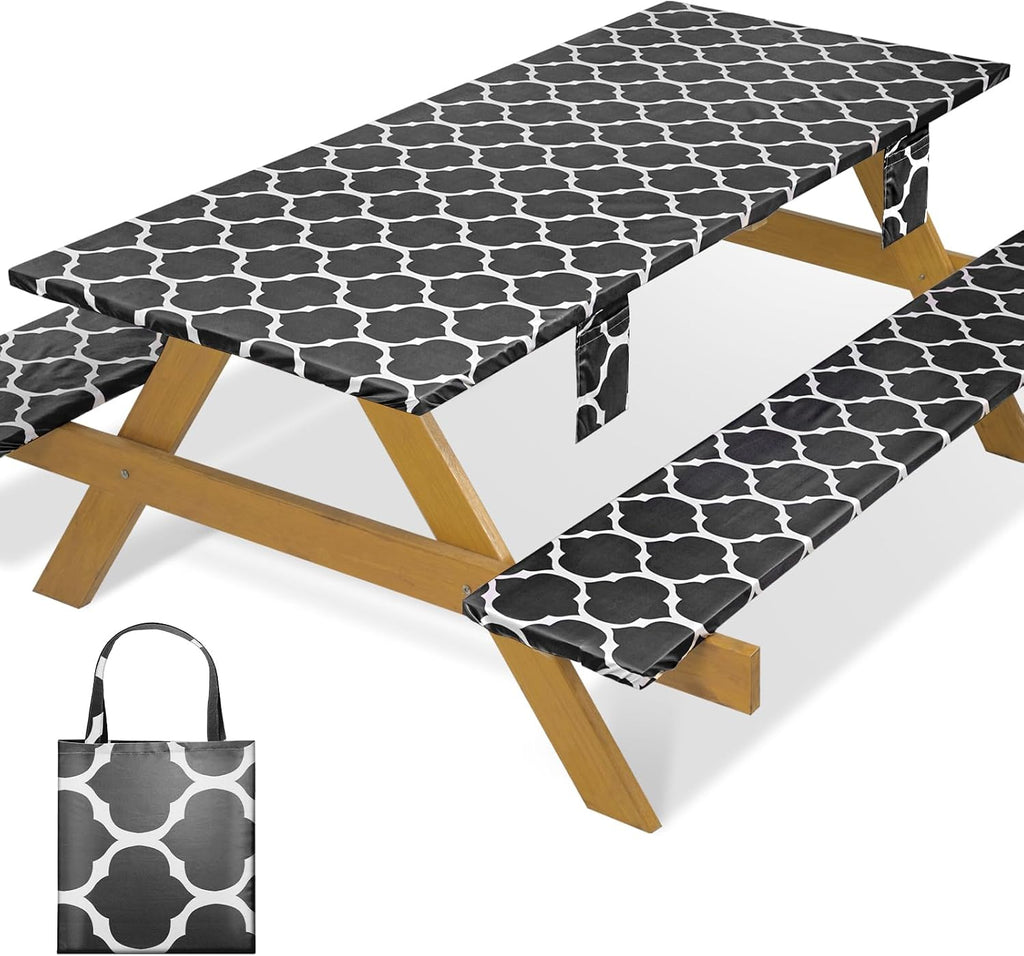 Fitted Waterproof Picnic Table Cover with Bench Covers Heavy Duty Elastic Outdoor Camping Tablecloth for 6 Foot Rectangle Tables Summer Rv Accessories Patio Garden Road Trip Essentials Gifts