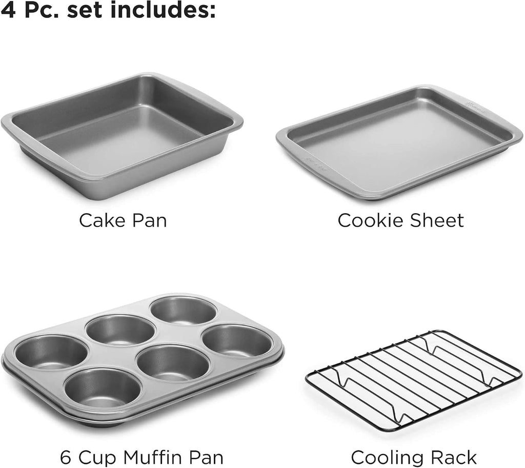 Ecolution Non-Stick Toaster Oven Bakeware Set 4-Piece, Carbon Steel, Easy to Clean and Perfect for Single Servings, Gray