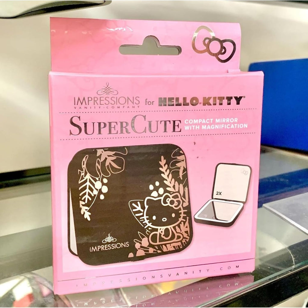 Impressions Vanity Hello Kitty Supercute Compact Mirror with Touch Sensor Switch for Adjustable Brightness, Lighted Makeup Mirror with LED Lights and 2X Magnifying Mirror Top (Black)