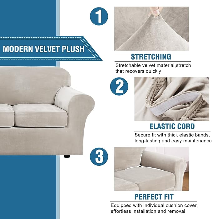 H.VERSAILTEX High Stretch Sofa Slipcover 4 Piece Cover Velvet Furniture - Image 3