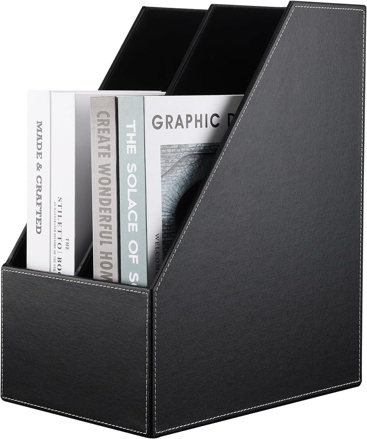 Wooden Leatherette Desktop File Folder Organizer and Document File Stand Journals Magazine Rack 2 Slots (black)