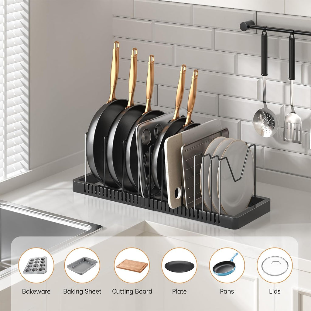 Pots and Pans Organizer under Cabinet, Expandable Pot Lid Organizer Holder with 12 Adjustable Compartment, Pan Organizers inside Cabinet for Lids, Bakeware, Kitchen Storage Pot Rack, Black
