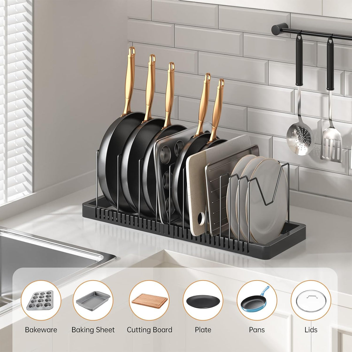 Pots and Pans Organizer under Cabinet, Expandable Pot Lid Organizer Holder with 12 Adjustable Compartment, Pan Organizers inside Cabinet for Lids, Bakeware, Kitchen Storage Pot Rack, Black