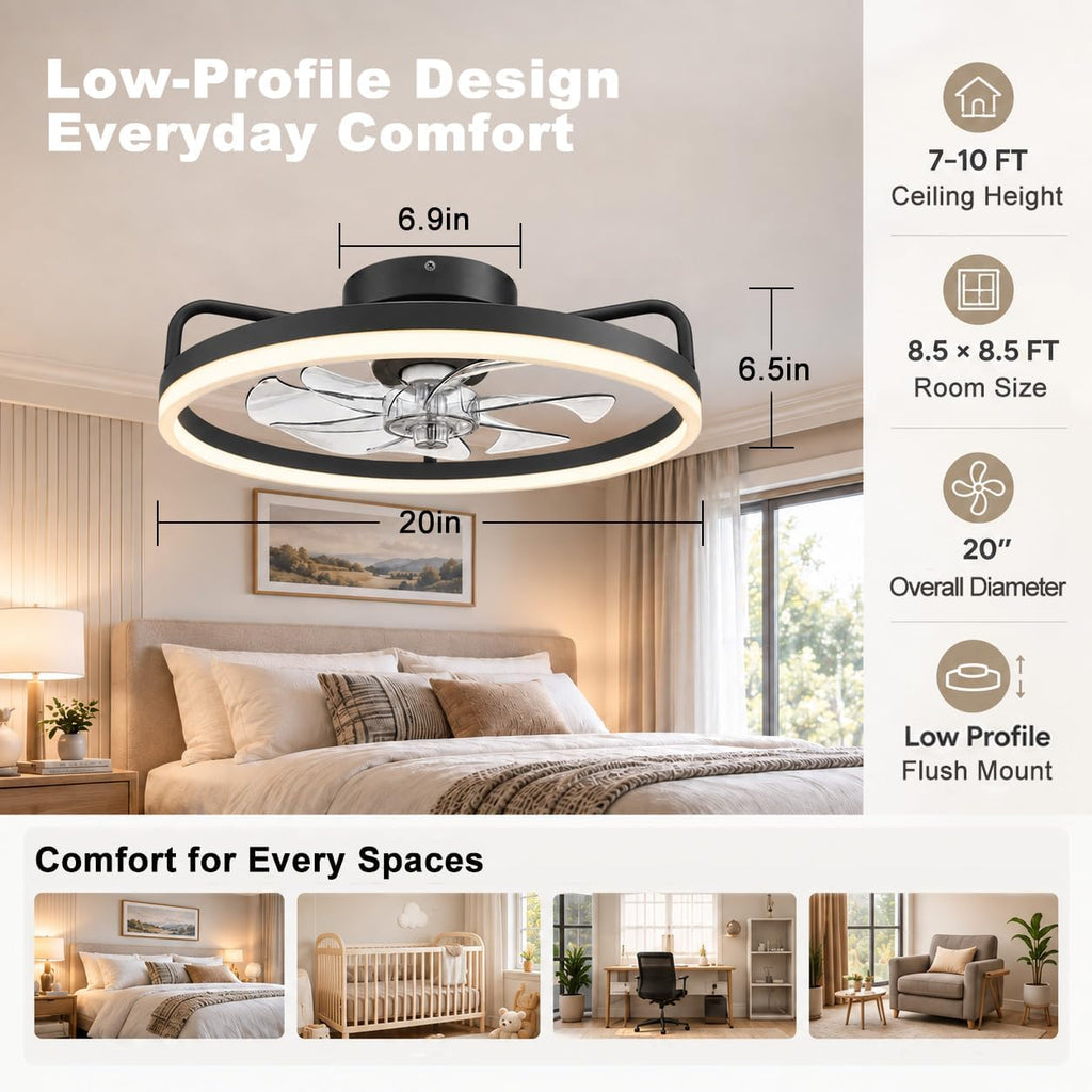TCL 20 Inch Low Profile Ceiling Fan with Light, Black