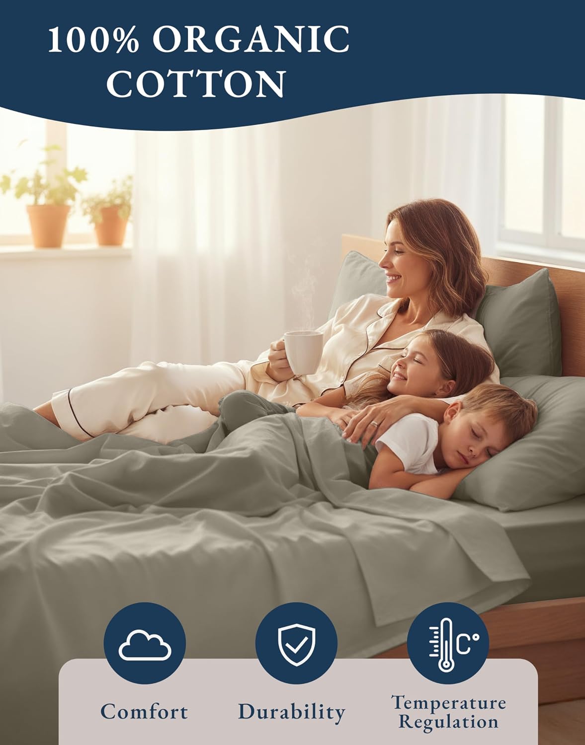 LANE LINEN King Bed Sheet Set 100% Organic Cotton 4pc Percale Soft - Silver