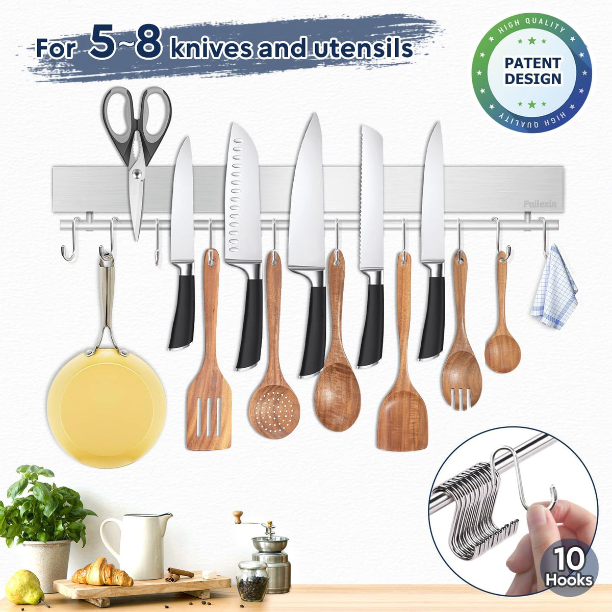 17 inch Magnetic Knife Holder with 10 Hooks, No Drilling Wall Mount, Powerful Magnet Rack
