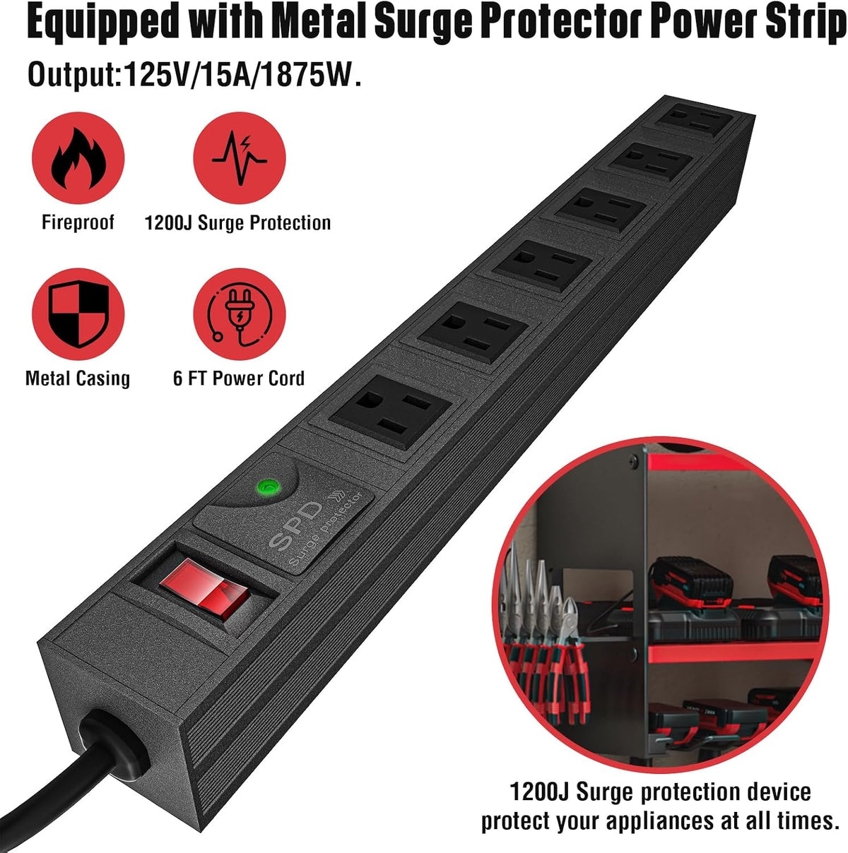 Power Tool Organizer with Charging Station Wall Mount, Cordless Drill and Battery Holder for Garage Organization, Electric Tools Storage Rack Build in Surge Protection Power Strip - Red Shelf