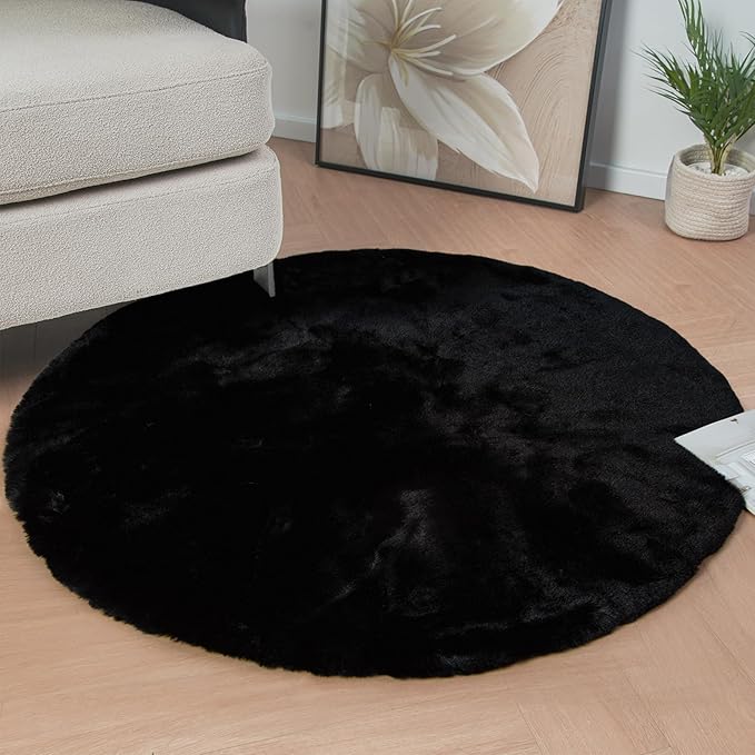 ORINOVA Black Round Plush Rugs for Bedroom Faux Bunny Fuzzy Washable Fur Area by ORINOVA
