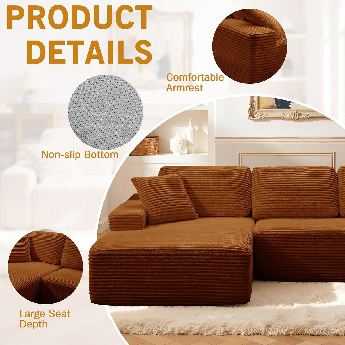 Modular Sectional Sofa, Convertible Sofa Bed, No Assembly Required Cloud Couch with Deep Seat, Modern L-Shaped Boneless Sofa for Living Room (Orange)