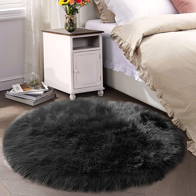 Latepis Black Faux Fur Round Rug 6.7ft Shag Sheepskin Rug by Latepis