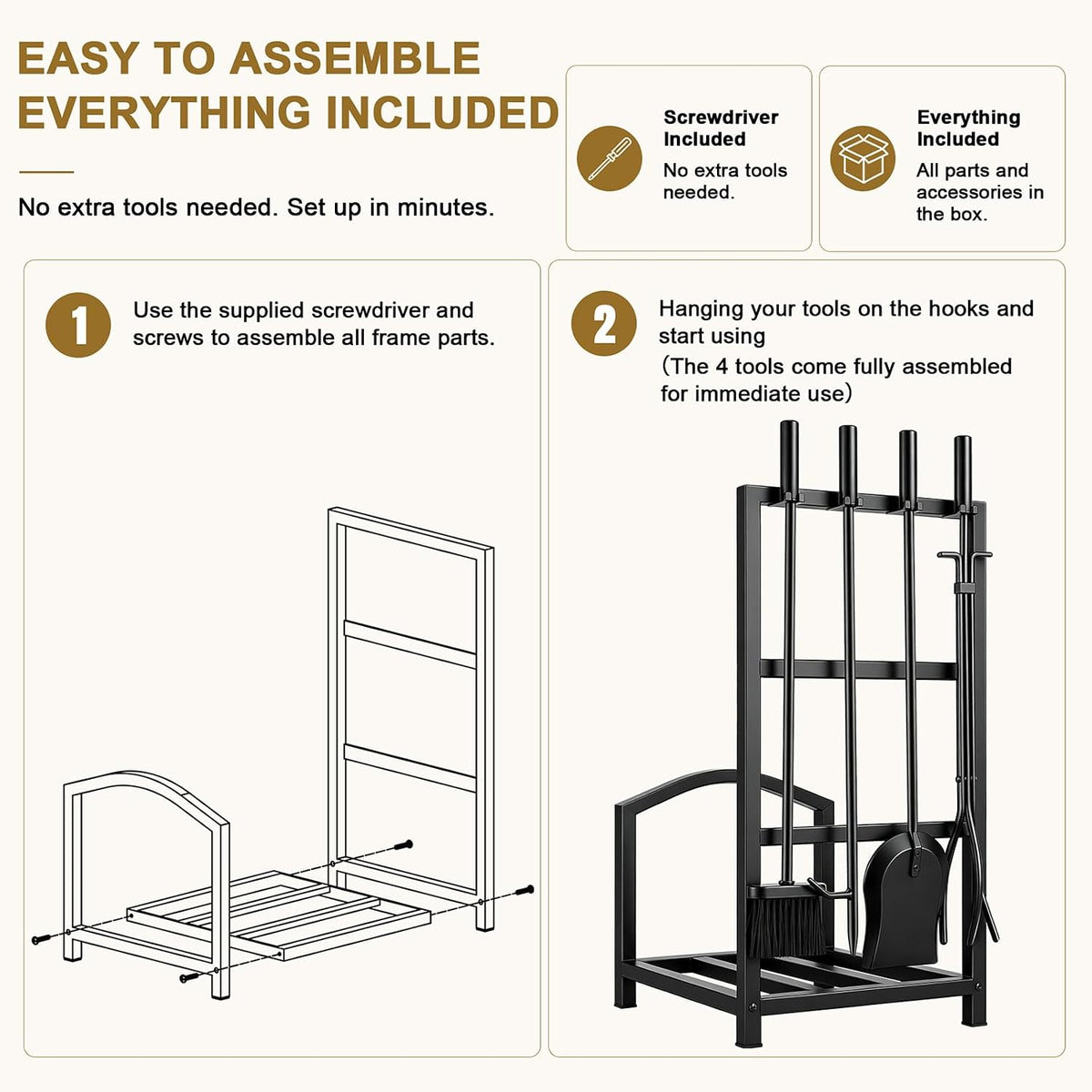 Fireplace Tools Set with Log Rack Holder, Heavy-Duty Steel Frame