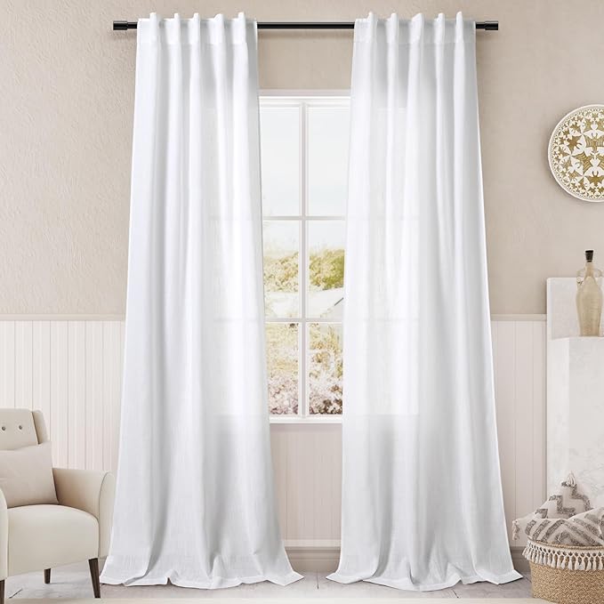 Pure White Curtains 38 x 96 inch Length 2 Panels Back Tab Sheer Linen Curtain by Nanspring