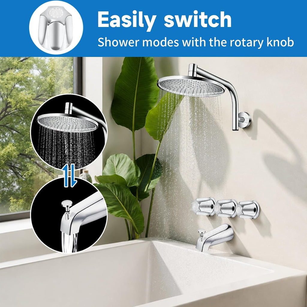 Bathtub Faucet Replacement Kit with Diverter Tub Spout, 3 Handle Shower Knob Set, Stainless Steel Tub Faucet Repair Kit for Tub & Shower, Fits 1/2" and 3/4" Connections