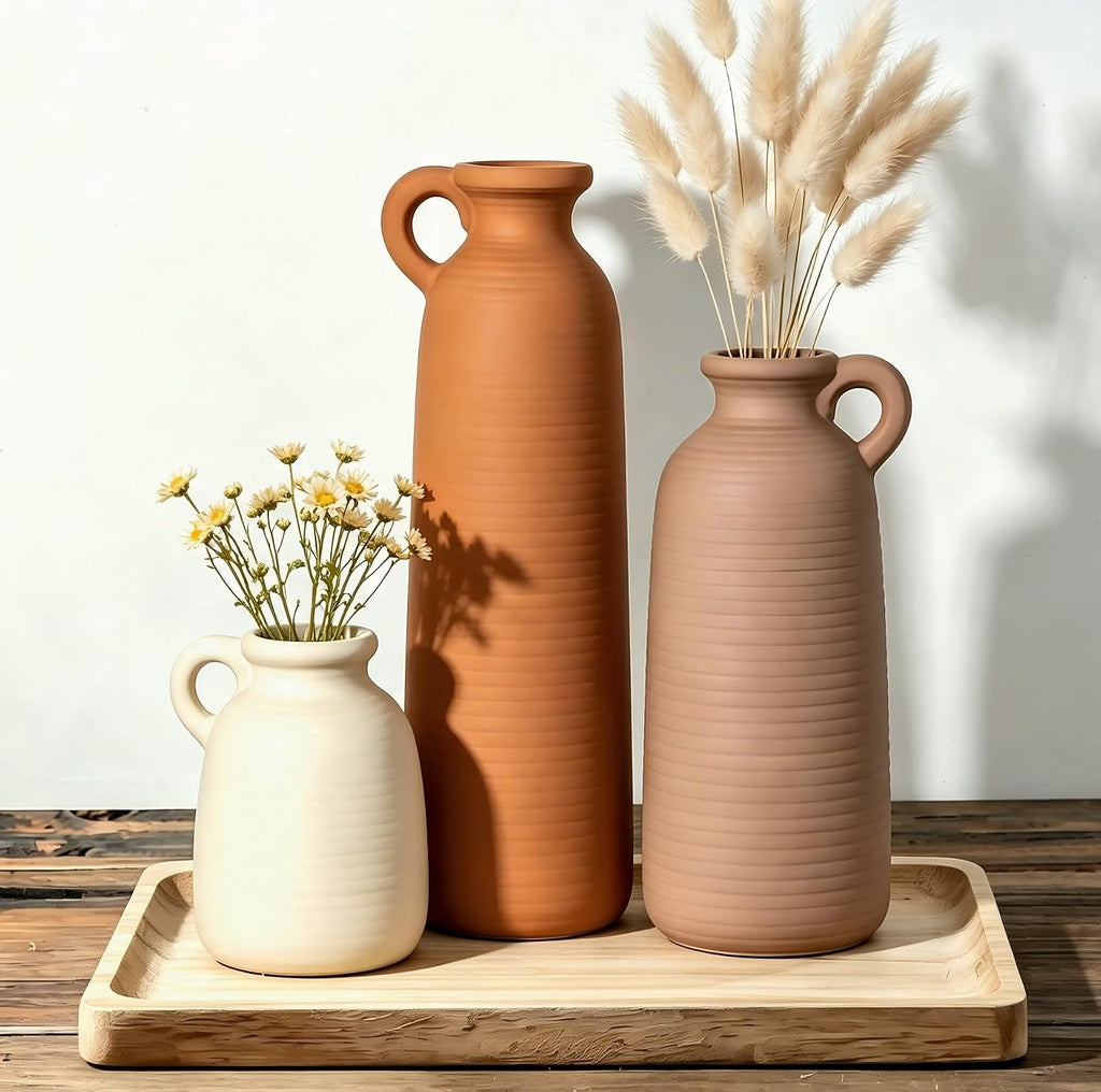 Ceramic Vase Set of 3 with Handles, Blue White Neutral Rustic Modern Farmhouse Boho Decor, Versatile as Table Centerpiece or Mantel & Shelf Accent - Unique Home Gift Idea